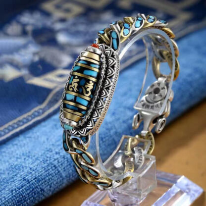 Buddha Stones Tibetan Nine-Eye Dzi Bead Om Mani Padme Hum Turquoise Protection Rotatable Bracelet - 图片 3