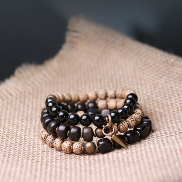 Buddha Stones Tibetan Bodhi Seed Black Obsidian Ebony Wood Copper Peace Bracelet - 图片 13