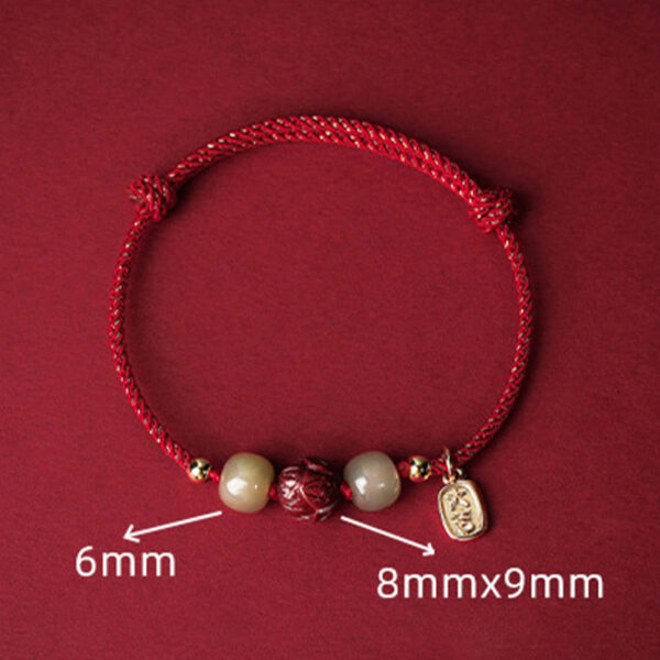 14K Gold Plated Hetian Jade Cinnabar Lotus Luck Handcrafted Rope Bracelet - 图片 5