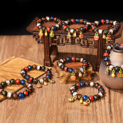 Five Elements Gold Swallowing Beast Family Charm Liuli Glass Bead Luck Bracelet - 图片 2