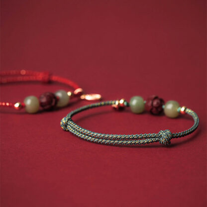 14K Gold Plated Hetian Jade Cinnabar Lotus Luck Handcrafted Rope Bracelet - 图片 13