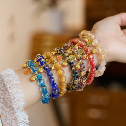 Gold Swallowing Beast Copper Coin Good Luck Charm Liuli Glass Bead Fortune Bracelet - 图片 2