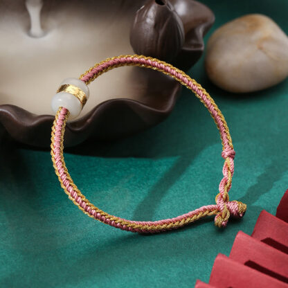 Buddha Stones 999 Gold Hetian White Jade Om Mani Padme Hum Fu Character Luck Braided Bracelet - 图片 15
