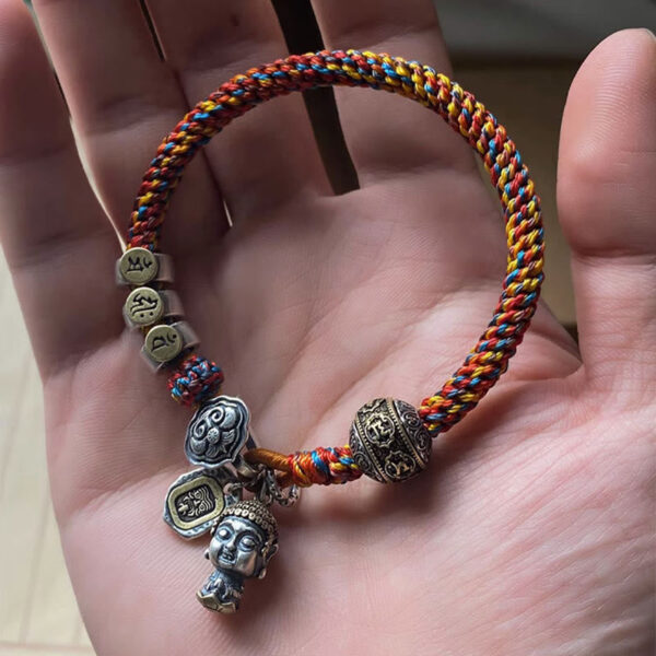 Handmade Tibetan 925 Sterling Silver Chinese Zodiac Natal Buddha Zakiram Goddess of Wealth Protection Multicolored Rope Braided Bracelet - 图片 23
