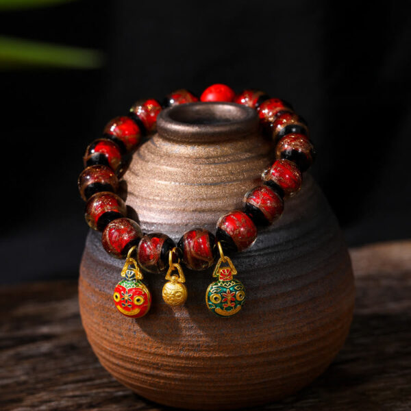Buddha Stones Gold Swallowing Beast Family Colorful Cinnabar Bead Bracelet - 图片 4