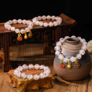 Gold Swallowing Beast Family Charm Luminous Pink Love Heart Fluorescent Liuli Glass Bead Blessings Bracelet