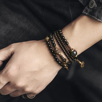 Buddha Stones Rainbow Obsidian Ebony Wood Copper Positive Multilayer Bracelet - 图片 14