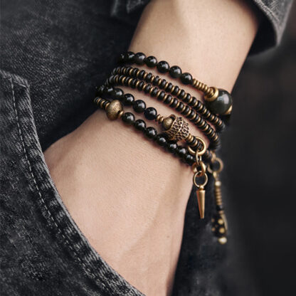 Buddha Stones Rainbow Obsidian Ebony Wood Copper Positive Multilayer Bracelet - 图片 11
