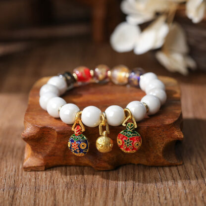 Gold Swallowing Beast Family Charm Liuli Glass Colorful Porcelain Bead Luck Bracelet - 图片 10