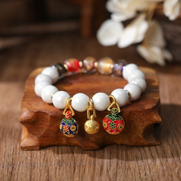 Gold Swallowing Beast Family Charm Liuli Glass Colorful Porcelain Bead Luck Bracelet - 图片 10