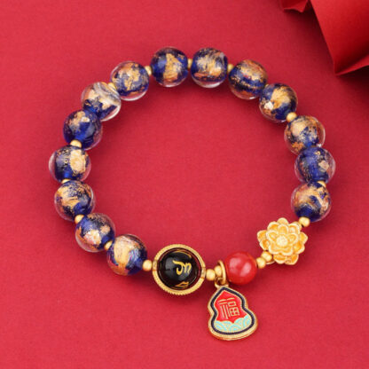 Tibet Om Mani Padme Hum Fu Character Gourd Charm Lotus Liuli Glass Bead Luck Bracelet - 图片 8