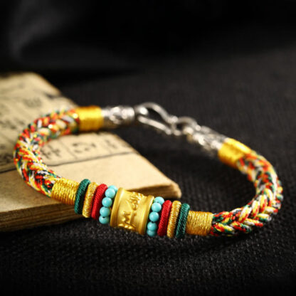 Buddha Stones Tibet 999 Gold Om Mani Padme Hum Handmade Eight Thread Peace Knot Luck Bracelet - 图片 13