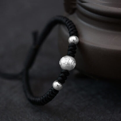 Buddha Stones 999 Sterling Silver Om Mani Padme Hum Copper Coin Luck Strength String Couple Bracelet - 图片 8