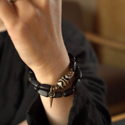 Tibet Ebony Wood Dzi Bead Copper Balance Double Wrap Bracelet - 图片 15