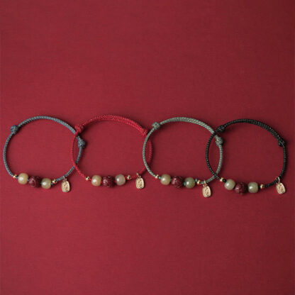 14K Gold Plated Hetian Jade Cinnabar Lotus Luck Handcrafted Rope Bracelet - 图片 14