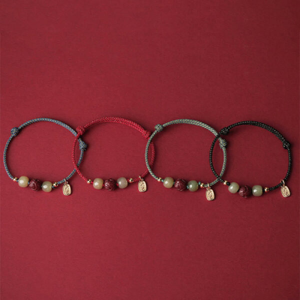 14K Gold Plated Hetian Jade Cinnabar Lotus Luck Handcrafted Rope Bracelet - 图片 14