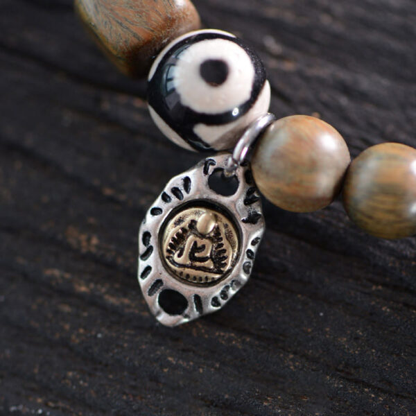 Tibetan Green Sandalwood Ebony Wood Three-eyed Dzi Bead Fu Character Balance Peace Double Wrap Bracelet - 图片 7