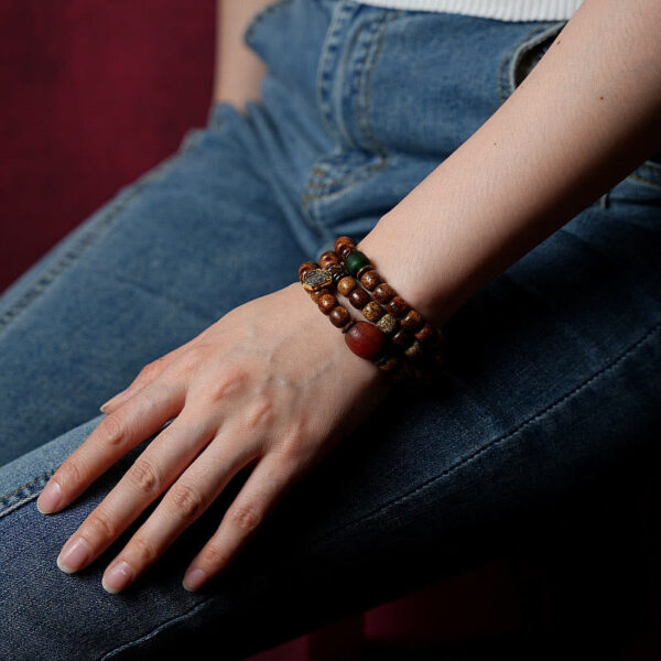 Tibetan Bodhi Seed Amber Dzi Bead Agate Zakiram Goddess of Wealth Beads Triple Wrap Bracelet - 图片 13