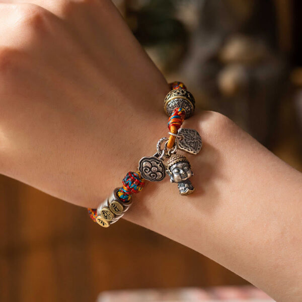 Handmade Tibetan 925 Sterling Silver Chinese Zodiac Natal Buddha Zakiram Goddess of Wealth Protection Multicolored Rope Braided Bracelet - 图片 20