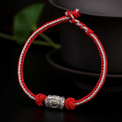 Buddha Stones 925 Sterling Silver Om Mani Padme Hum Prayer Wheel Luck Strength Red String Bracelet - 图片 12