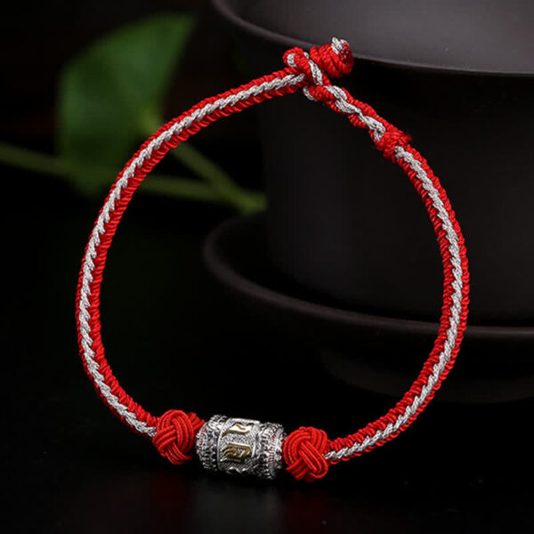 Buddha Stones 925 Sterling Silver Om Mani Padme Hum Prayer Wheel Luck Strength Red String Bracelet - 图片 12