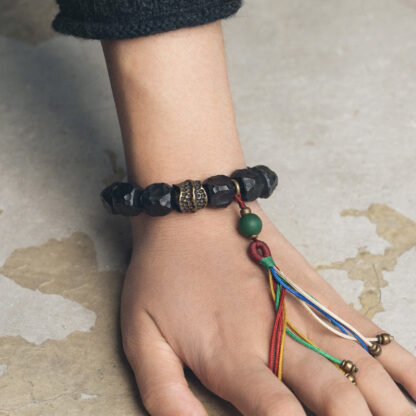 Tibet Ebony Wood Copper Peace Tassel Wrist Mala Bracelet - 图片 5