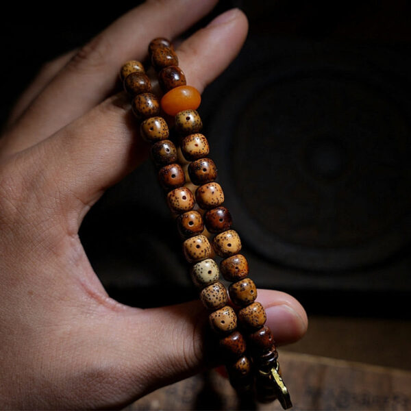 Tibetan Bodhi Seed Amber Dzi Bead Agate Zakiram Goddess of Wealth Beads Triple Wrap Bracelet - 图片 6