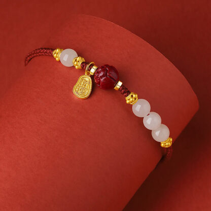 24K Gold Plated Hetian White Jade Cinnabar Lotus Luck Rope Bracelet - 图片 3