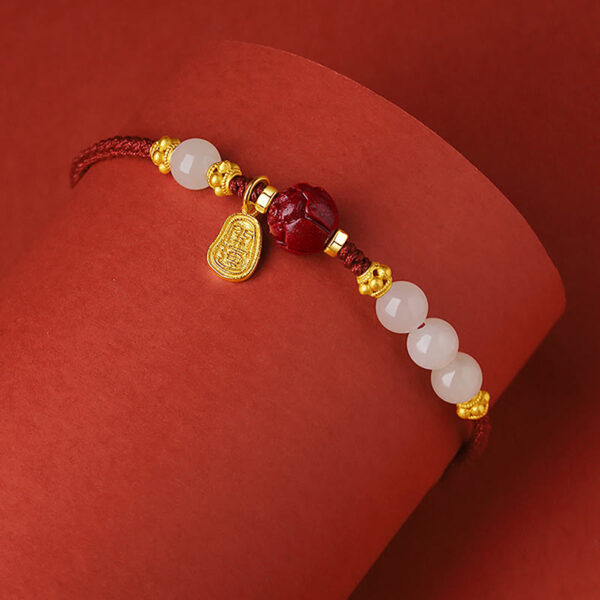 24K Gold Plated Hetian White Jade Cinnabar Lotus Luck Rope Bracelet - 图片 3