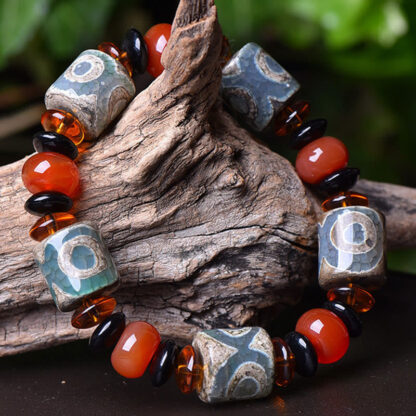 Buddha Stones Tibetan Three-eyed Dzi Bead Agate Protection Happiness Bracelet - 图片 2