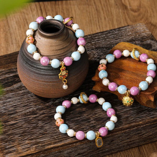 Tibetan Zakiram Goddess of Wealth Rabbit Lion Head Charm Liuli Glass Incense Ash Porcelain Bead Protection Bracelet - 图片 2