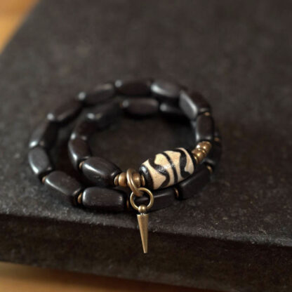 Tibet Ebony Wood Dzi Bead Copper Balance Double Wrap Bracelet - 图片 8