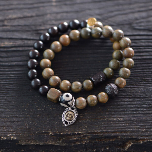 Tibetan Green Sandalwood Ebony Wood Three-eyed Dzi Bead Fu Character Balance Peace Double Wrap Bracelet - 图片 15