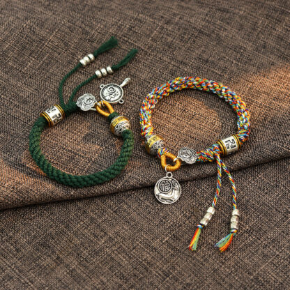 Handmade Tibetan Om Mani Padme Hum Fu Character Luck Fortune Braided Bracelet - 图片 9
