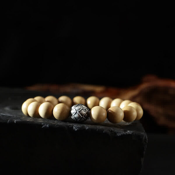 Buddha Stones Tibet Peach Wood Lotus Cinnabar Bagua Yin Yang Luck Wealth Bracelet - 图片 12