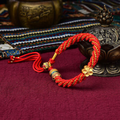 Tibet Handmade Five God Of Wealth Luck Thangka Amulet Prayer Wheel Flower Charm Weave String Bracelet - 图片 13