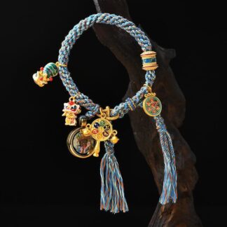 Buddha Stones Tibetan Zakiram Goddess of Wealth Thangka Luck Prayer Wheel Braid String Bracelet