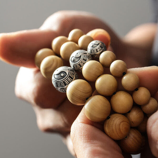 Buddha Stones Tibet Peach Wood Lotus Cinnabar Bagua Yin Yang Luck Wealth Bracelet - 图片 7