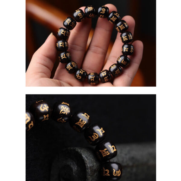 Buddha Stones Tibetan Ebony Wood Om Mani Padme Hum Engraved Peace Bracelet - 图片 7
