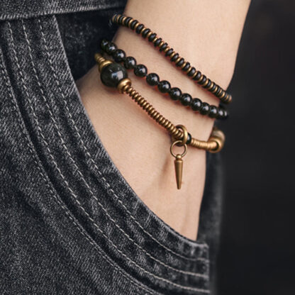 Buddha Stones Rainbow Obsidian Ebony Wood Copper Healing Triple Wrap Bracelet - 图片 6