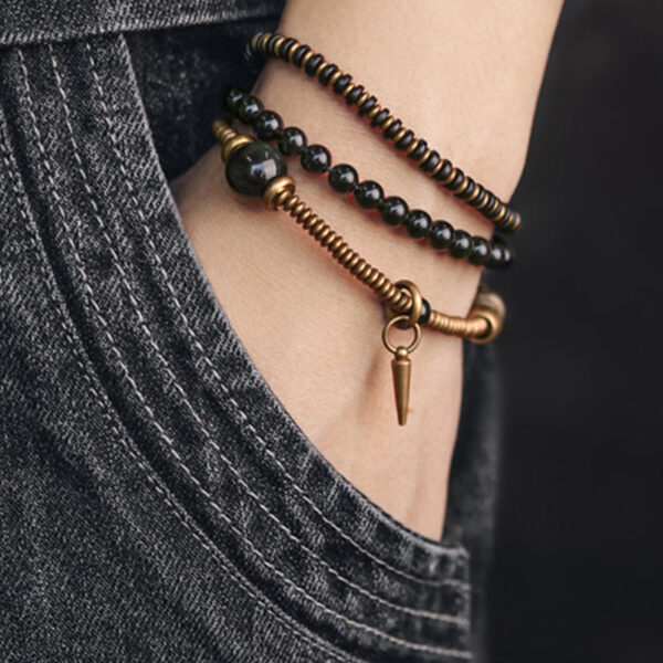 Buddha Stones Rainbow Obsidian Ebony Wood Copper Healing Triple Wrap Bracelet - 图片 6