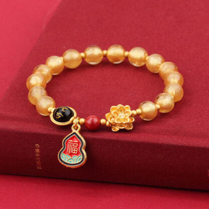 Tibet Om Mani Padme Hum Fu Character Gourd Charm Lotus Liuli Glass Bead Luck Bracelet - 图片 10