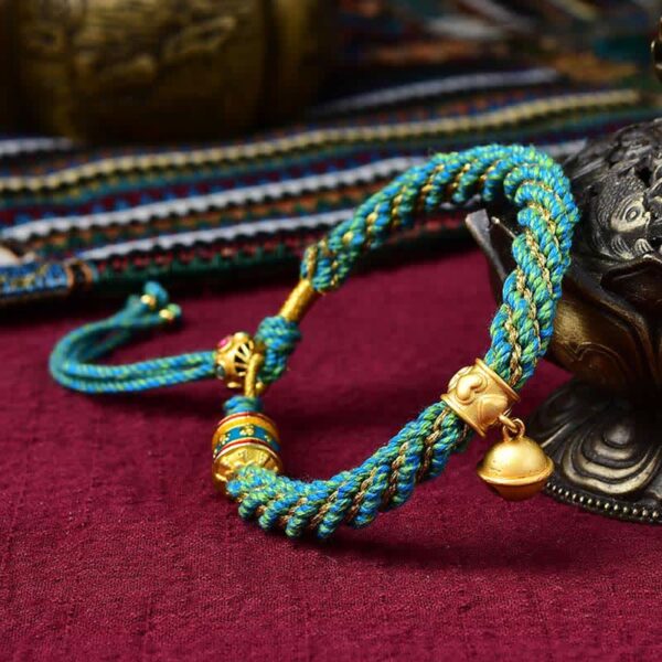 Buddha Stones Tibetan Handmade Luck Protection Thangka Prayer Wheel Bell Charm Braid String Bracelet - 图片 10
