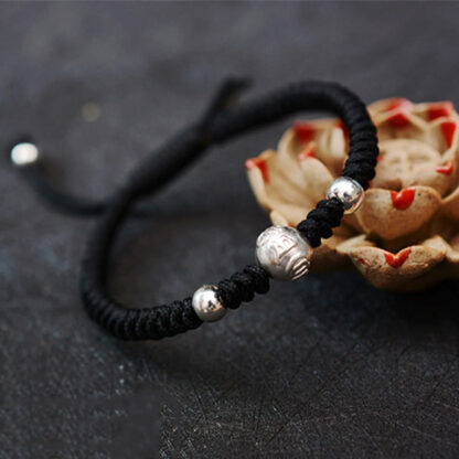 Buddha Stones 999 Sterling Silver Om Mani Padme Hum Copper Coin Luck Strength String Couple Bracelet - 图片 9