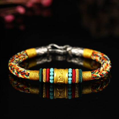 Buddha Stones Tibet 999 Gold Om Mani Padme Hum Handmade Eight Thread Peace Knot Luck Bracelet - 图片 8