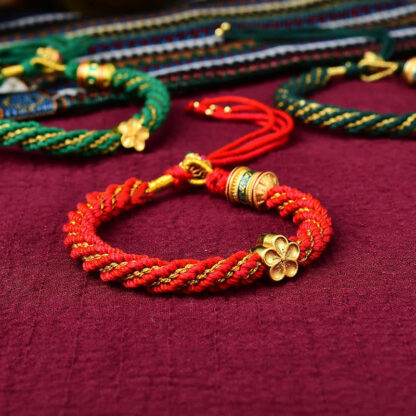 Tibet Handmade Five God Of Wealth Luck Thangka Amulet Prayer Wheel Flower Charm Weave String Bracelet - 图片 14