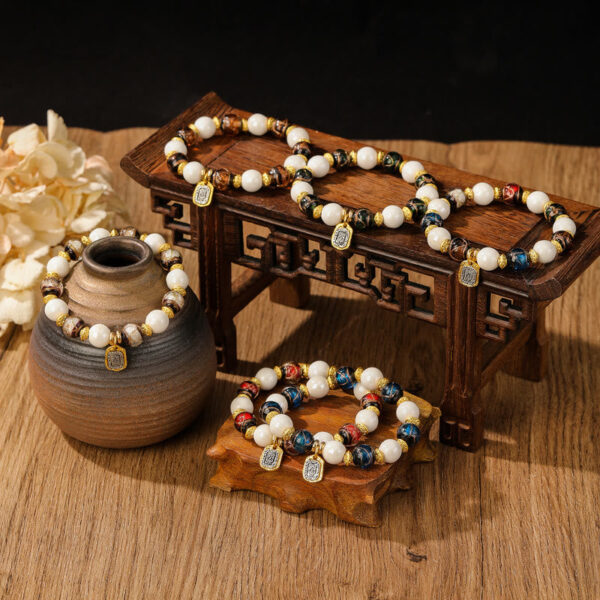 Tibetan Zakiram Goddess of Wealth Charm Liuli Glass Incense Ash Porcelain Bead Protection Bracelet - 图片 2
