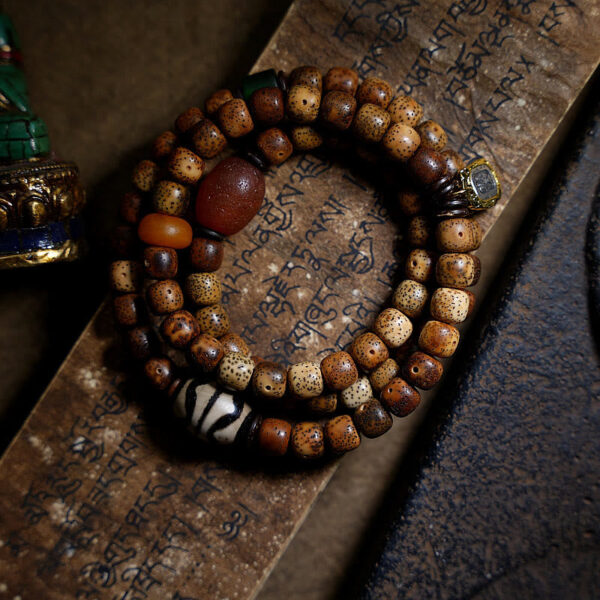 Tibetan Bodhi Seed Amber Dzi Bead Agate Zakiram Goddess of Wealth Beads Triple Wrap Bracelet - 图片 2