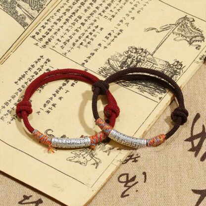 Handmade 999 Sterling Silver Om Mani Padme Hum Protection Rope Bracelet - 图片 2