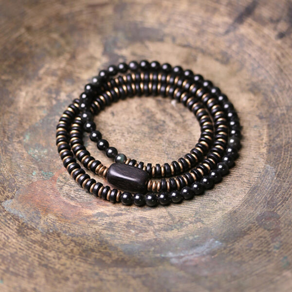 Buddha Stones Rainbow Obsidian Ebony Wood Copper Healing Triple Wrap Bracelet - 图片 12